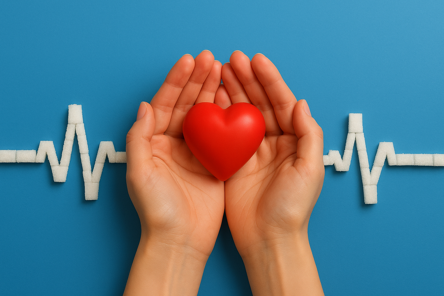 Mans sostenint un cor de plàstic, amb terrossos de sucre formant ones d'un electrocardiograma
