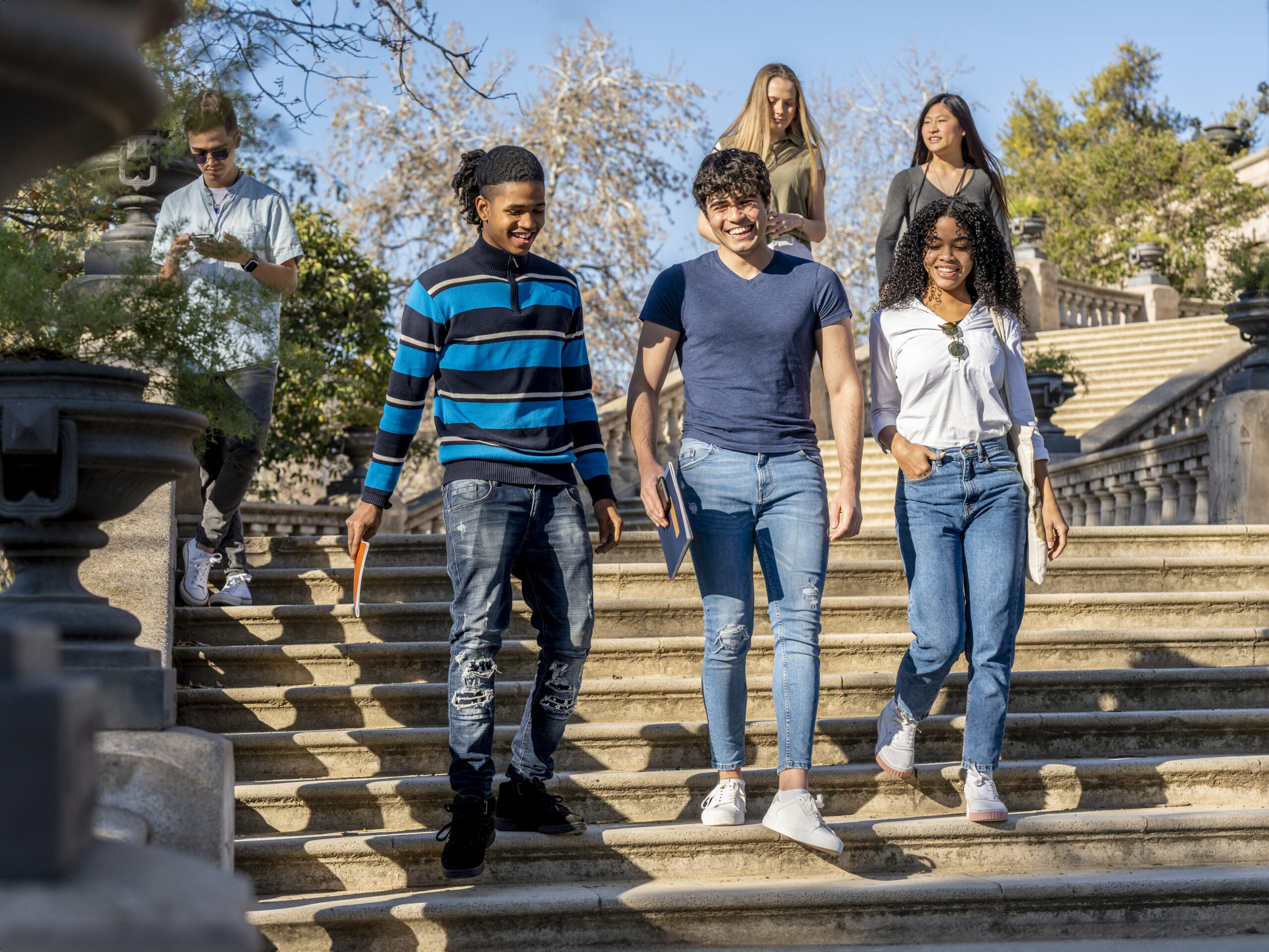 Group of young students walking on some stairs
